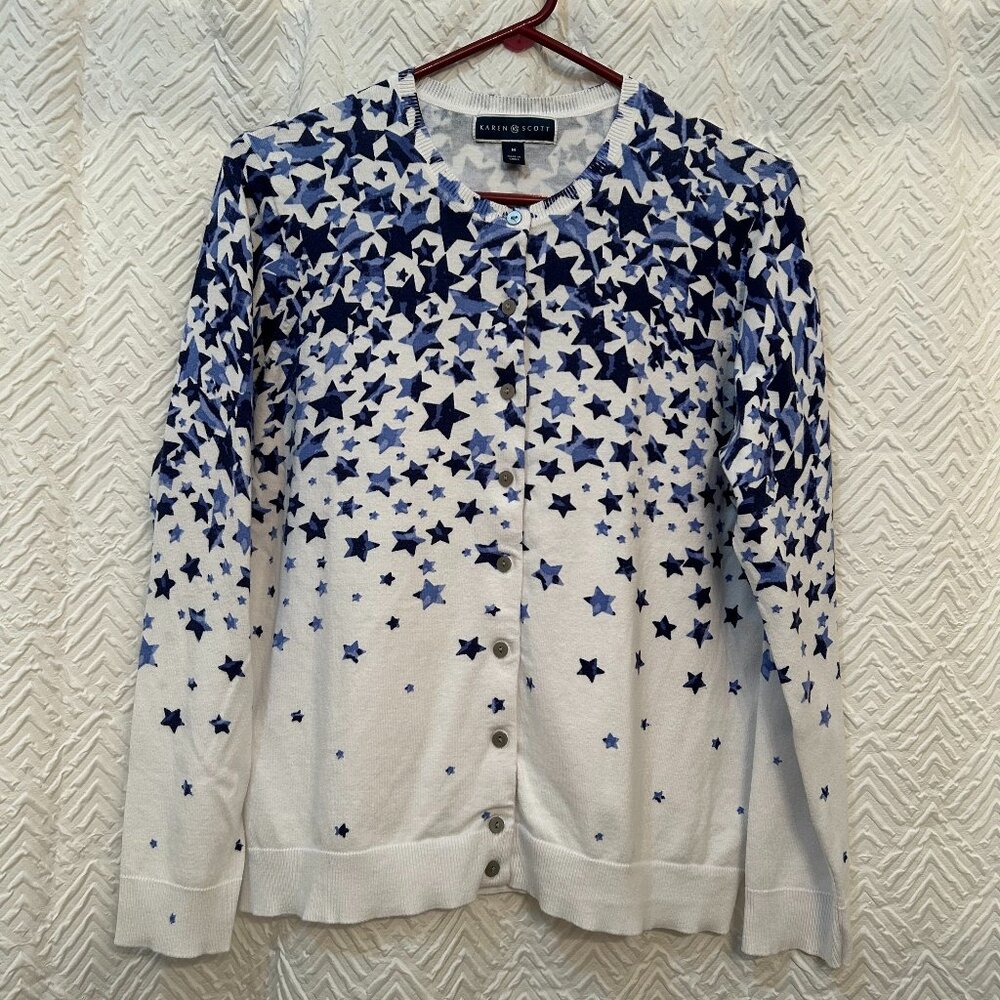 Karen Scott Patriotic Cardigan White with Blue Stars Size M